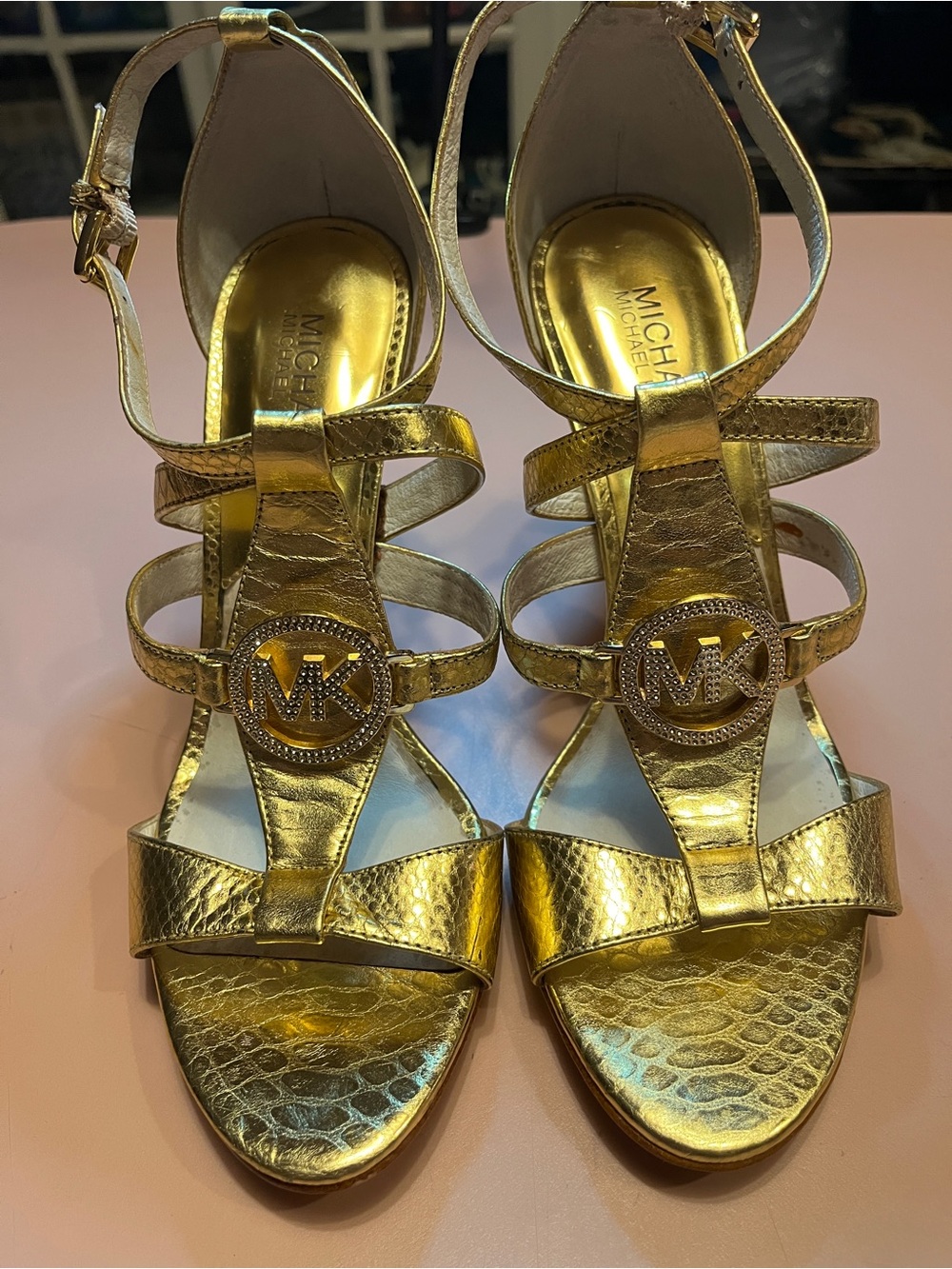 MIchael Kors Gold snakeskin print Metallic Strappy High Heels - Picture 2 of 13